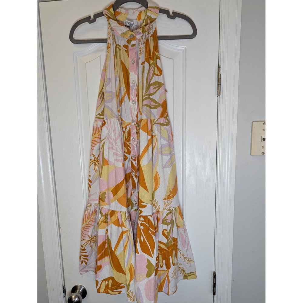 Nicole Miller New York Linen Blend Tropical Leaf Tiered Halter Mini Dress Small
